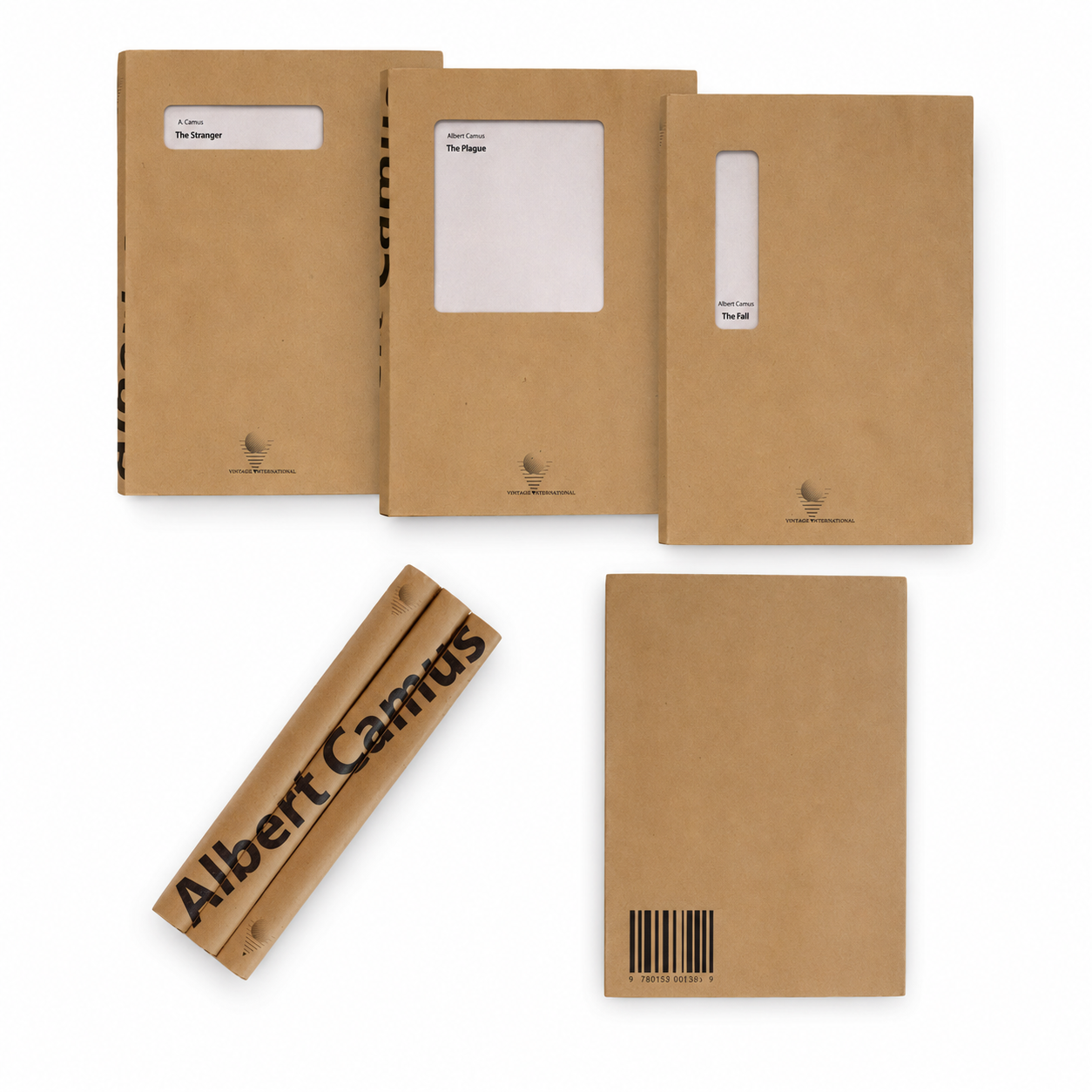 Albert Camus book covers as kraft windowed envelopes